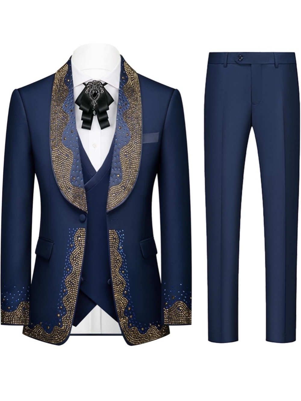 Navy Blue Embellished 3-Piece Tuxedo with Gold Accent Detailing
